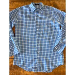 Mens Grant‎ Thomas Pure Linen Light Blue White Checker Print Button Down Shirt S
